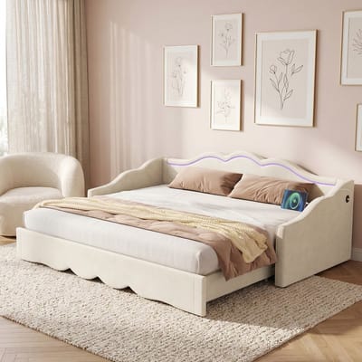 Slaapbank - Uitschuifbaar 90x200 Cm Wordt 180x200 Cm - Beige Fluweel Met Ledverlichting En Usb/Type-C Poort