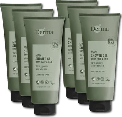 Derma Man Douchegel 3-in-1 - Voor Lichaam Gezicht en Haar - Voor Gevoelige Huid - Met Vitamine E en Glycerine- Parfumvrij - 6 x 350 ml