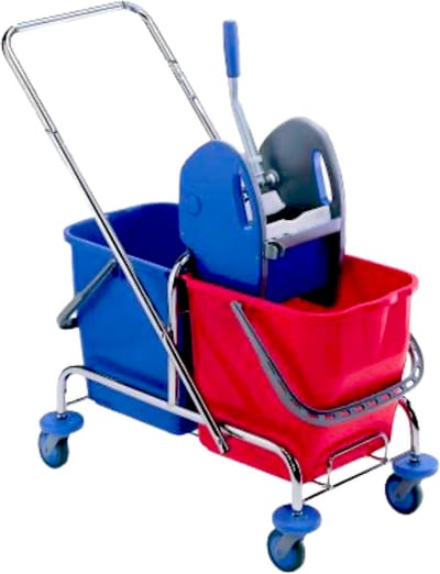 Mopwagen Mopkar met Pers en 2 Emmers 2×25 L – Chrome Rood/Blauw | Professionele Schoonmaakwagen