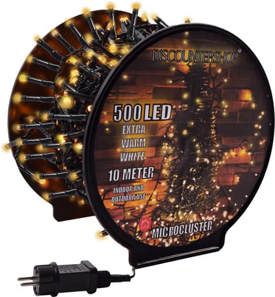 Kerstverlichting buiten | 10 meter 500 LED | Warm Wit | IP44 Timer | Lichtsnoer Nano Koperdraad | Energiezuinig | 6W Verbruik | 8 Functies | 3m Aanloopsnoer | Extra Warm Wit | Kerstboomverlichting