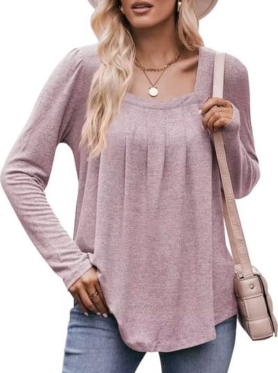 ASTRADAVI Casual Chic - Dames Blouse met Lage Hals - Stijlvolle Top met Geplooide Halslijn - Heather Lichtpaars / Small
