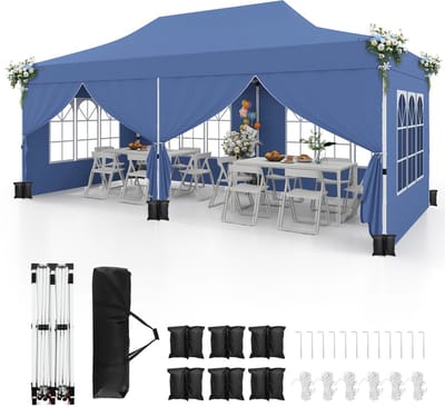 COSTWAY 3 x 6 m paviljoen, vouwpaviljoen met 6 afneembare zijwanden en zandzakken, waterafstotend, stabiel, winterbestendig, uv-bescherming 50+, partytent, tuinpaviljoen met draagtas, blauw