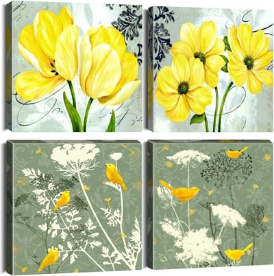 muurkunst canvas prints - schilderij - gele bloemen en vogels fotoschilderij, modern muurkunstwerk, ingelijst, voor badkamer kantoor woondecoratie - 30 x 30 cm, 4 stuks