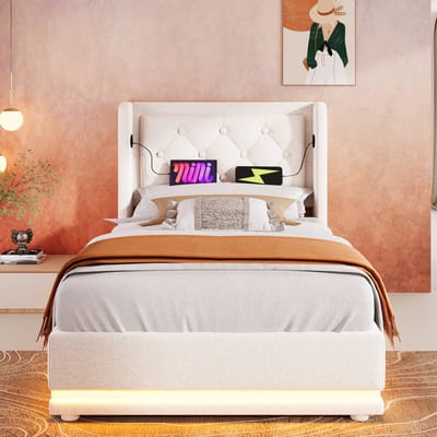 Gestoffeerd bed eenpersoonsbed 90x200 cm met USB Type-C opladen met LED-verlichting - matras niet inbegrepen - beige - linnen