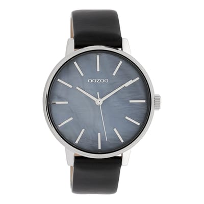 OOZOO Timepieces - Zilverkleurige horloge met zwarte leren band - C10119