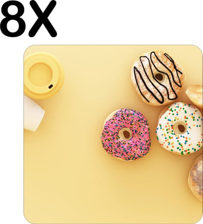 Luxe Placemat - Koffie en Donuts op een Gele Achtergrond - Set van 8 Placemats - 50x50 cm - 2 mm dik Vinyl - Anti Slip - Afneembaar