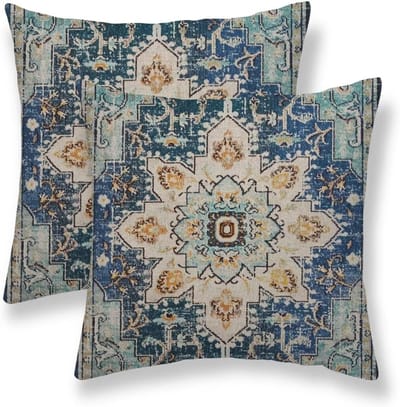 Set van 2 Lichtblauwe Beige Sierkussenslopen 60x60 cm | Boho & Vintage Tapijtpatroon