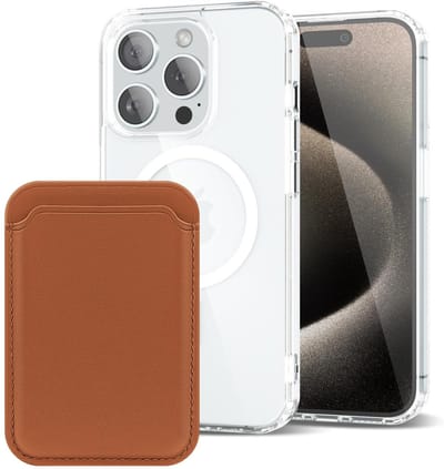 Shockproof Anti Shock Back Cover Hoesje Compatibel met MagSafe Geschikt voor: Apple iPhone 15 Pro met Magnetische Pasjeshouder - Bruin