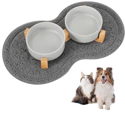 Hondenvoerkom Set van 2 - Hoogteinstelbare Keramische Kommen met Bamboo Houder en Antislipmat - 400 ml Geschikt voor Middelgrote en Kleine Honden - Grijs