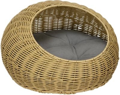 PawHut Rattan Katzenkorb Katzenhaus Katzenhütte mit Kissen für Katzen bis 4 kg, Haustierbett Katzenhöhle, Indoor, PE-Rattan, Ø50 x 31 cm, Hellbraun