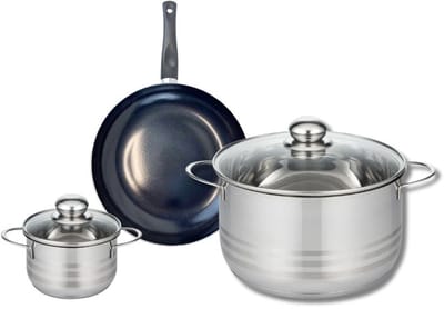 Set van 1 Koekenpan 20 cm en 2 kookpotten 12 en 24 cm Elo Prima Glanzend