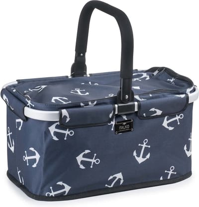 Genius Falko Premium boodschappentas, donkerblauw met anker, 22 l groot, opvouwbaar, met deksel, draagmand met aluminium handgreep voor onderweg