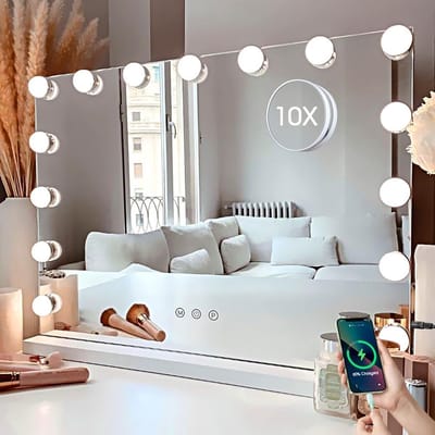 Verlichte make-upspiegel - Hollywood spiegel - Make-up aanbrengen - 15 dimbare LED-lampen - 58 x 46 cm - Wit
