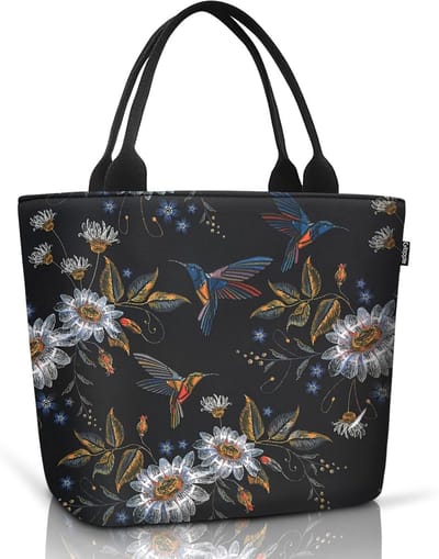 Koeltas voor dames, lunchtas van waterdichte stof, draagbaar, picknicktas voor volwassenen, kinderen, zwart en kolibrie motieven