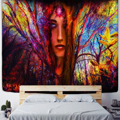 Tapisserie Murale Abstraite Nordique Visage de Femme Bohème Hippie Psychédélique Tapis Fond Mur Décor Peintre 95x70cm blue