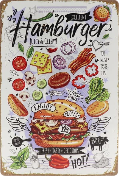 Wandbord – Hamburger – Best in town - Vintage - Retro - Wanddecoratie – Reclame bord – Restaurant – Kroeg - Bar – Cafe - Horeca – Metal Sign - 20x30cm