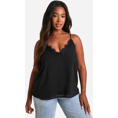 boohoo Dames Plus Chiffon Cami Top met kanten inzet | Zwart | Maat: 44