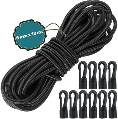 Cosensi - Elastisch Touw - Zwart - 6 mm x 10 m - Met 10 Plastic Gespen - Perfect voor Caravan en Camping - Duurzaam en UV-bestendig