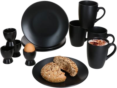 12-delige NERO ontbijtset mat zwart voor 4 personen van steengoed - 4x 24320072, 4x 24304294 & 4x 24304286