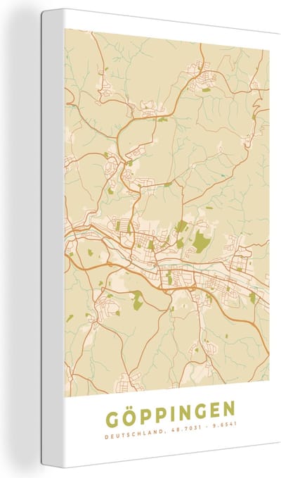 Canvas Schilderij Göppingen - Plattegrond - Kaart - Stadskaart - Vintage - 20x30 cm - Wanddecoratie