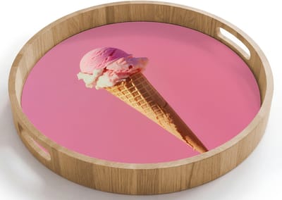 Dienblad rond 40x40 cm - Schootdienblad hout - Hoorntje - Schepijs - Roze - Borrelplank rechthoek - Plateau houten dienbladen