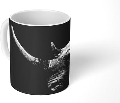Mok - Koffiemok - Neushoorn - Dieren - Zwart - Wit - Portret - Mokken - 350 ML - Beker - Koffiemokken - Theemok