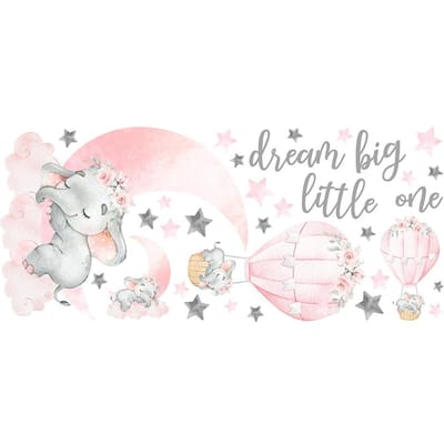 Olifant Muurstickers Roze Maan Ster Heteluchtballon Stickers Dieren Vinyl Kunst Sticker voor Kinderen white