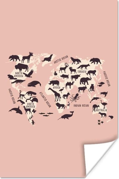 Poster 60x90 cm - Wereldkaart - Dieren - Silhouet - Posters - Kamer decoratie - Wanddecoratie woonkamer - Muurdecoratie slaapkamer