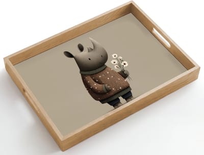 Dienblad hout 50x35 cm - Schootdienblad - Neushoorn - Witte bloemen - Lief - Borrelplank rechthoek - Plateau dienbladen