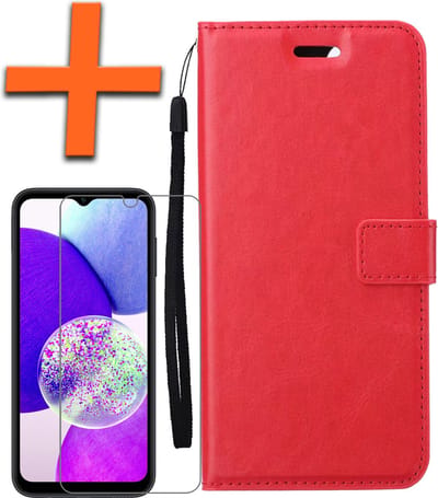Hoes - Met Screenprotector - Geschikt voor Samsung Galaxy A14 - Luxe Pasjeshouder - Bookcase Portemonee - Flip Case - Kunstleer Book Case - Flipcase - Book Cover - Walletcase - PortemonneeHoes - Rood