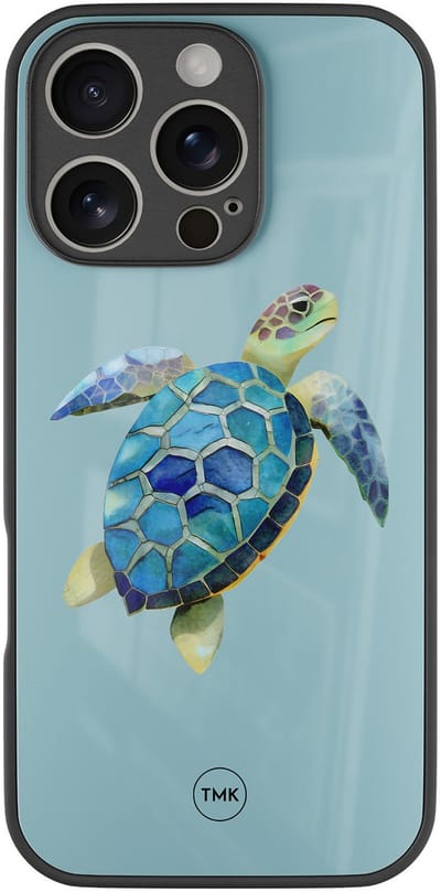 Hoesje geschikt voor Apple iPhone 16 Pro - Schildpad - Blauw - TPU luxe case (glossy toplaag) - Print - Hardcase backcover zwart