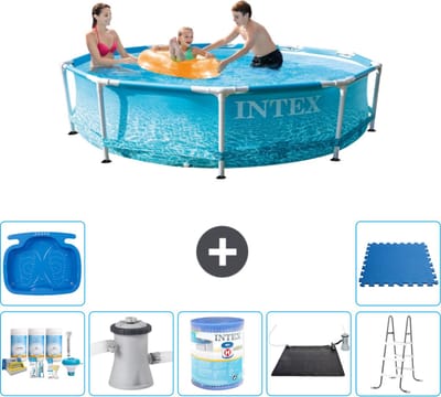 Intex Rond Frame Zwembad - 305 x 76 cm - Waterprint - Inclusief Onderhoudspakket - Zwembadfilterpomp - Filter - Solar Mat - Ladder - Voetenbad - Vloertegels - 8-delig