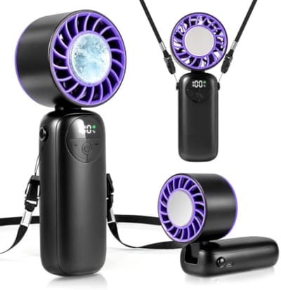 Handventilator met turbine en koelfunctie, 3-in-1 draagbare ventilator, 1-120 snelheidsinstellingen, 5000mAh oplaadbare koelventilator, met LED-display en draagkoord, ideaal voor reizen en kamperen.