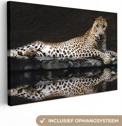 Canvas schilderij - Luipaard - Dieren - Zwart - Reflectie - Schilderijen op canvas - Canvasdoek - 140x90 cm - Foto op canvas - Wanddecoratie