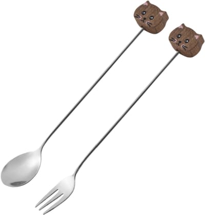 2 stuks - Vork + Lepel - Roestvrij staal - Walnoothouten katje - Te gebruiken als koffieroerlepel, honinglepel, etc. - Zoals afgebeeld