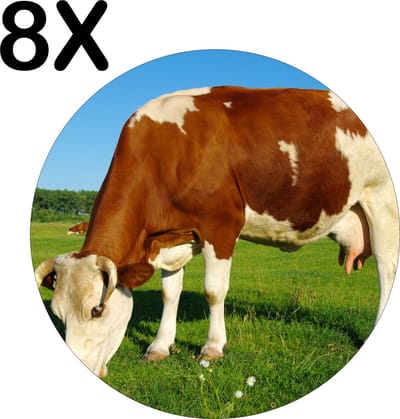 Luxe Ronde Placemat - Bruin met Witte Koe Grazend in het Gras - Set van 8 Placemats - 50x50 cm - 2 mm dik Vinyl - Anti Slip - Afneembaar