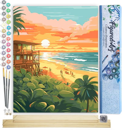 Figured'Art Schilderen op Nummer Volwassenen canvas Strandclub bij zonsondergang- Handwerk acrylverf Kit DIY Compleet - 40x50cm met DIY houten lijst