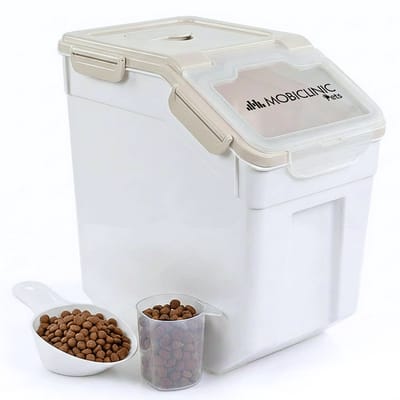 Mobiclinic FeedPet - Voercontainer Hond - Voedselcontainer - 20L - 8KG - 23 x 25,5 x 36,5 cm - Met wielen - Hermetische sluiting - Zwenkwielen - Kunststof - Met schepje - Wit en Grijs