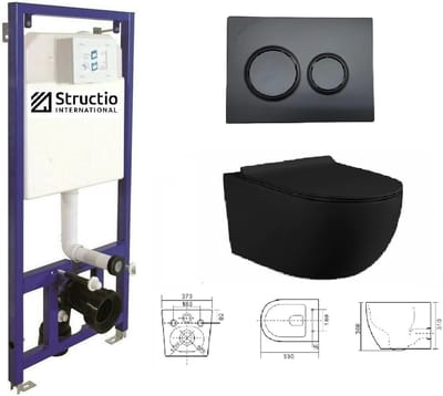 Inbouwtoilet Element met Randloos Hangtoilet en Zwarte Drukplaat