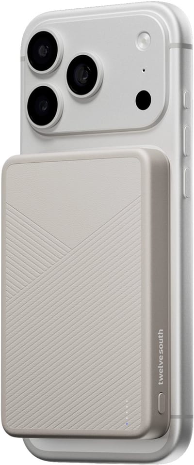 Twelve South PowerCapsule Powerbank – Qi2-gecertificeerd Magnetisch Draadloos Opladen tot 15W – Dubbele Output Draadloos en USB-C – 5000mAh Capaciteit - Beige