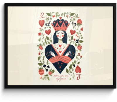 Poster in lijst - Fotolijst 70x50 cm - Posters - Speelkaart - Hartenkoningin - Bloemen - Hartjes - Posterlijst zwart - Decoratie - Wanddecoratie woonkamer - Muurdecoratie slaapkamer
