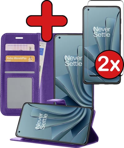 Hoesje - Met 2x Screenprotector - Geschikt voor OnePlus 10 Pro - Luxe Pasjeshouder - Flip Case - Bookcase Portemonee - Kunstleer Book Case - Flipcase Hoes - Book Cover - Walletcase - Portemonneehoes - Telefoonhoes - Paars