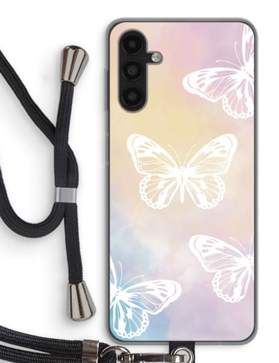 Case Company® - Hoesje met koord geschikt voor Samsung Galaxy A13 5G hoesje met Koord - White butterfly - Telefoonhoesje met Zwart Koord - Bescherming aan alle Kanten en Over de Schermrand