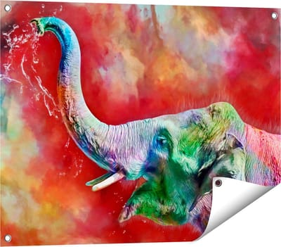 Gards Tuinposter Getekende Vrolijke Olifant - Abstract - 80x60 cm - Tuindoek - Tuindecoratie - Wanddecoratie buiten - Tuinschilderij