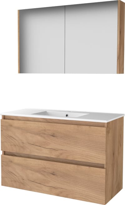 Basic Comfort 46 badmeubelset met spiegelkast, greeploze wastafelonderkast met 2 lades en porseleinen wastafel met 1 kraangat 100 x 46 cm, whisky oak