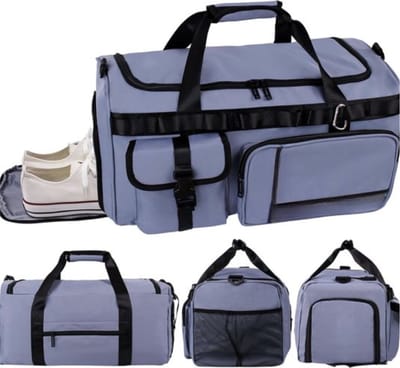 Sporttas voor dames, grote sporttas met schoenenvak en vak voor nat gebruik, voor dames en heren, 65 liter, reistas, zwemtas, weekendtas, (blue)