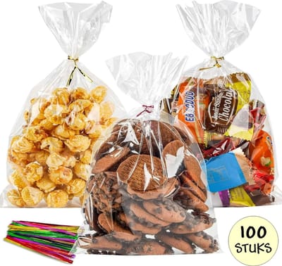 100x Uitdeelzakjes 15x25 cm - Zakjes Met Twistbandjes - Cellofaan Zakjes - Transparant - Snoepzakjes - Cadeauzakjes - Inclusief Sluitstrips Mix - 15 x 25 cm - 100 Stuks