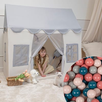 KiddyMoon Kindertent Speelhuisje Met 400 Ballen Opvouwbaar Voor Kinder Speeltent Duurzaam Materiaal Kinder Speeltent Stimuleert Creativiteit Ideaal Voor Binnen En Buiten, Wit-Grijs:Donker Turquoise/Pastel Beige/Groen Grijs/Zalm Kleur