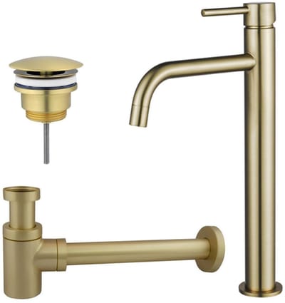 FugaFlow Eccelente Sobrado Badkamer Slim Wastafelkraanset - verhoogde wastafelkraan - always open plug - verlaagde design sifon - PVD Geborsteld Messing