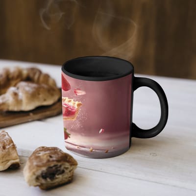Magische Mok - Foto op Warmte Mokken - Koffiemok - Aardbei - Taart- Eten - Roze - Magic Mok - Beker - 350 ML - Theemok